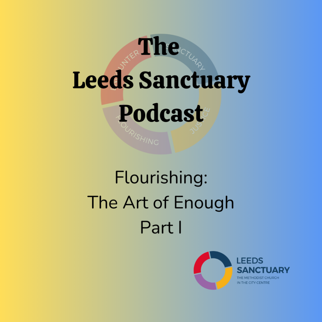 Tile reads "The Leeds Sanctuary Podcast. Flourishing: The Art of Enough Part I", on a gradient background of yellow to blue. The Leeds Sanctuary icon is also shown. This is a circle shape split into four sections coloured red, purple, yellow and blue. 