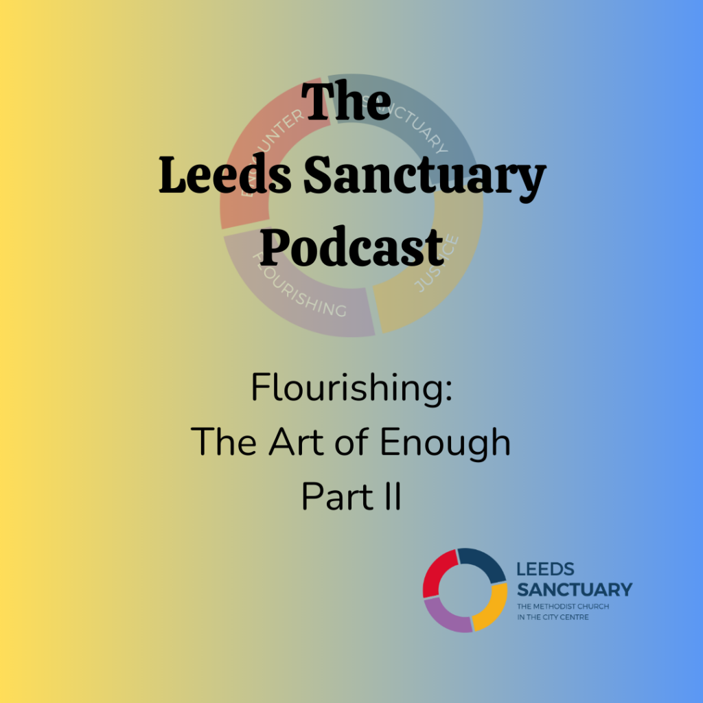 Tile reads "The Leeds Sanctuary Podcast. Flourishing: The Art of Enough, Part II", on a gradient background of yellow to blue. The Leeds Sanctuary icon is also shown. This is a circle shape split into four sections coloured red, purple, yellow and blue. 