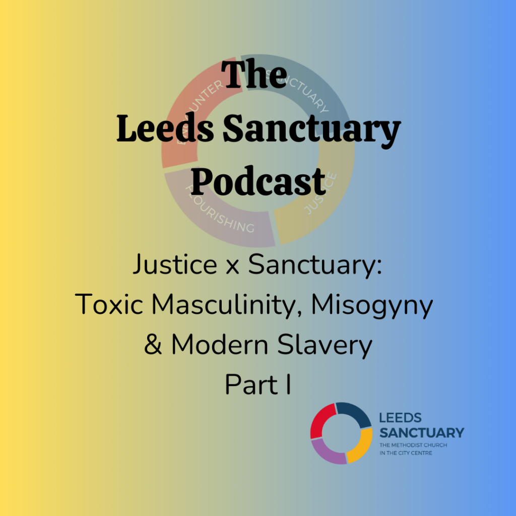 Tile reads "The Leeds Sanctuary Podcast. Justice x Sanctuary: Toxic Masculinity, Misogyny and Modern Slavery Part I", on a gradient background of yellow to blue. The Leeds Sanctuary icon is also shown. This is a circle shape split into four sections coloured red, purple, yellow and blue. 