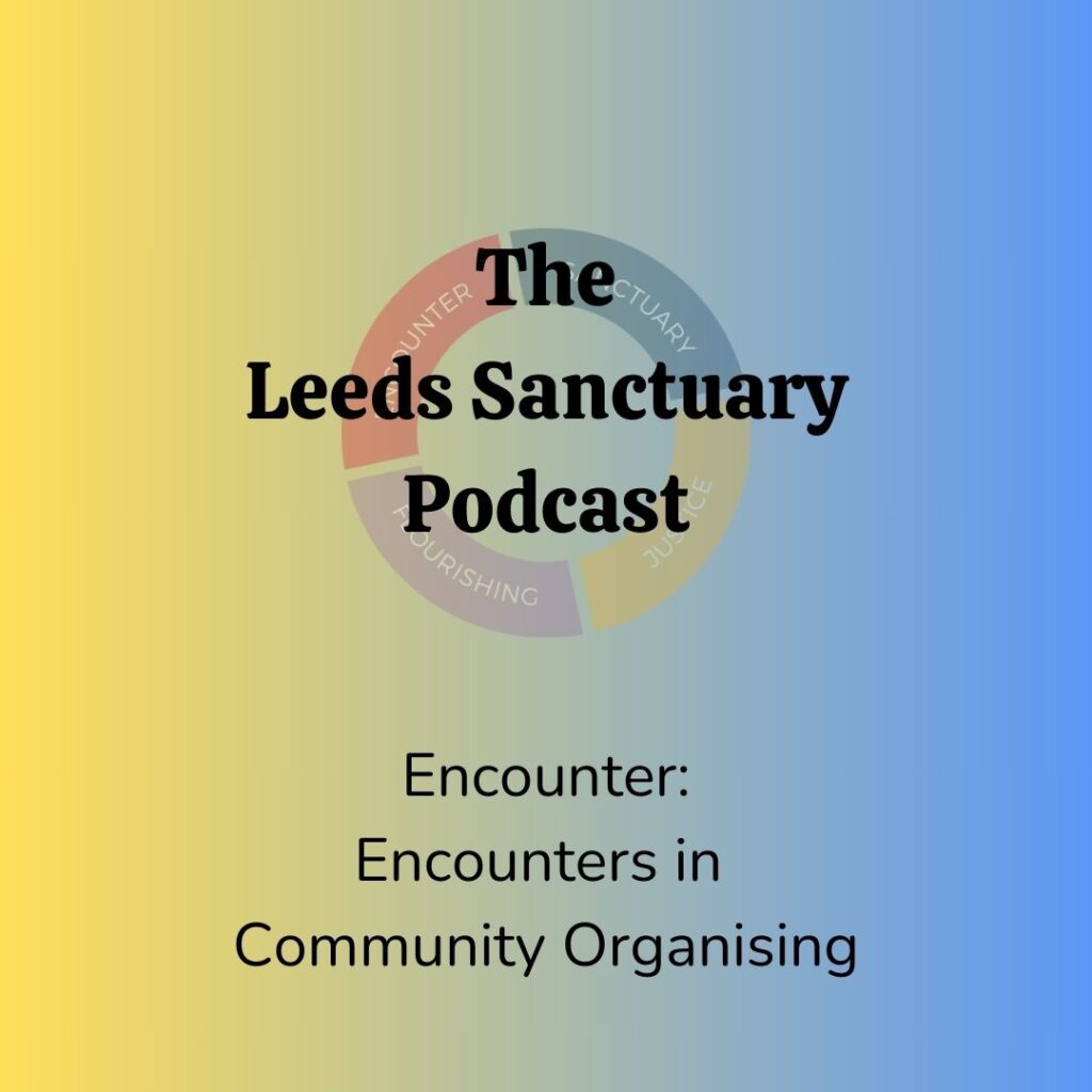 Tile reads "The Leeds Sanctuary Podcast. Encounter: Encounters in Community Organising", on a gradient background of yellow to blue. The Leeds Sanctuary icon is also shown. This is a circle shape split into four sections coloured red, purple, yellow and blue. 