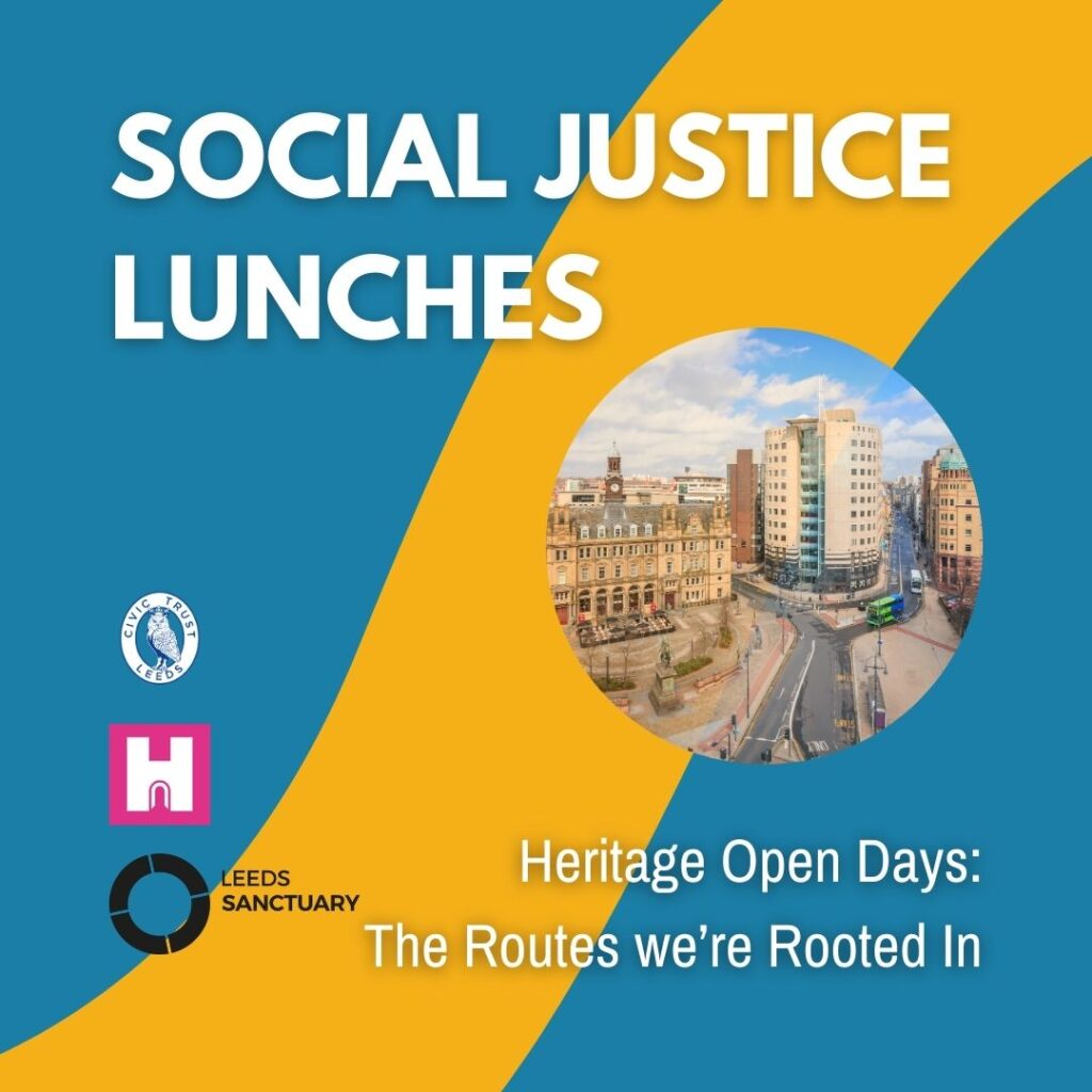 Blue background with a yellow wavy line across the tile from the top right to bottom left. A photo of City Square in Leeds sits in a circular frame. Reads "Heritage Open Days: The Routes we're Rooted in"