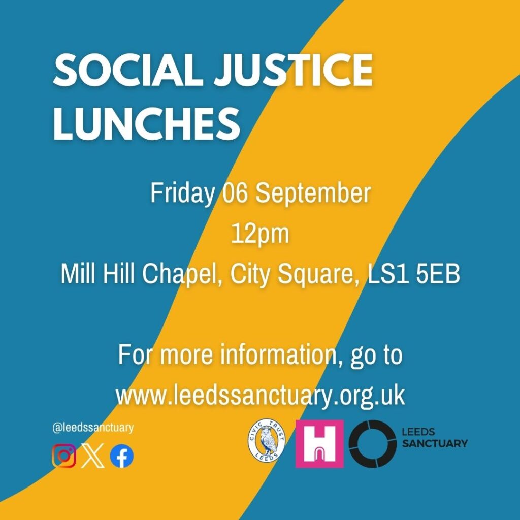 Blue background with a yellow wavy line across the tile from the top right to bottom left. Reads "Friday 06 September. 12pm. Mill Hill Chapel, City Square, LS1 5EB".